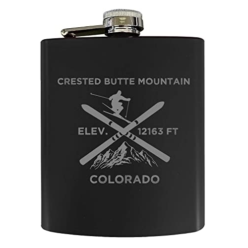 Crested Butte Mountain Colorado Ski Snowboard Winter Adventures Stainless Steel 7 Oz Flask Black