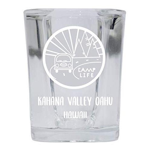 Kahana Valley Oahu Hawaii Souvenir Laser Engraved 2 Ounce Square Base Liquor Shot Glass 4-Pack Camp Life Design