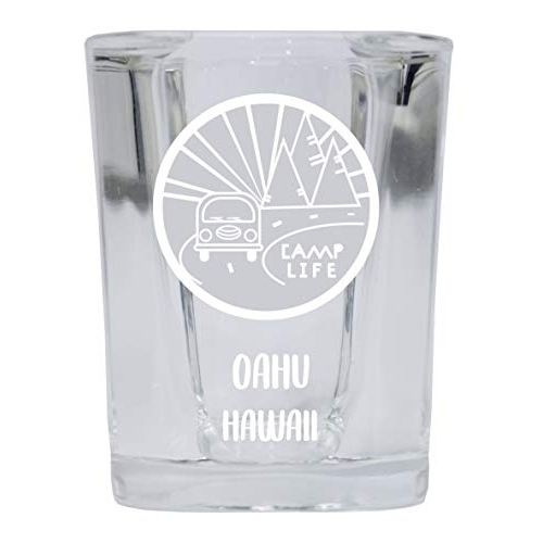 Oahu Hawaii Souvenir Laser Engraved 2 Ounce Square Base Liquor Shot Glass 4-Pack Camp Life Design