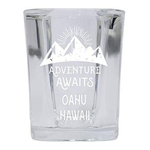 Oahu Hawaii Souvenir Laser Engraved 2 Ounce Square Base Liquor Shot Glass Adventure Awaits Design