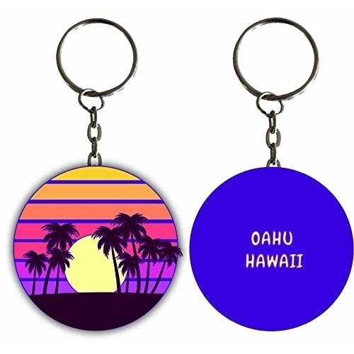 Oahu Hawaii Sunset Palm Metal Keychain