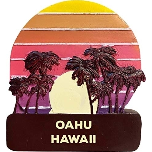 Oahu Hawaii Trendy Souvenir Hand Painted Resin Refrigerator Magnet Sunset And Palm Trees Design 3-Inch Approximately