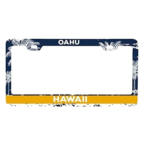 Oahu Hawaii Metal License Plate Frame Distressed Palm Design