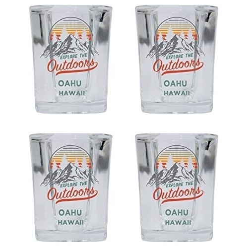 Oahu Hawaii Explore The Outdoors Souvenir 2 Ounce Square Base Liquor Shot Glass 4-Pack