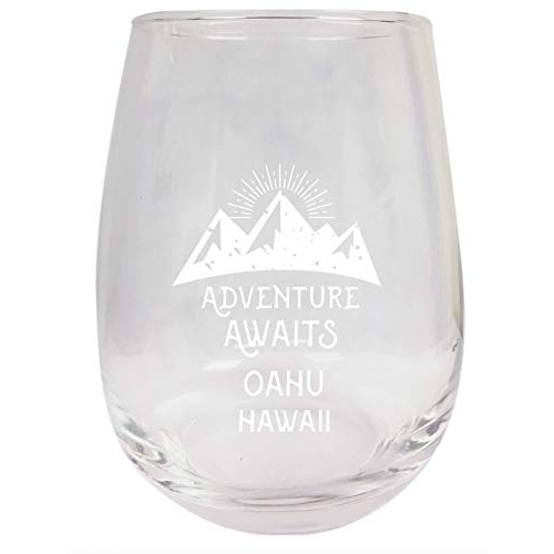 Oahu Hawaii Souvenir 9 Ounce Laser Engraved Stemless Wine Glass Adventure Awaits Design 2-Pack