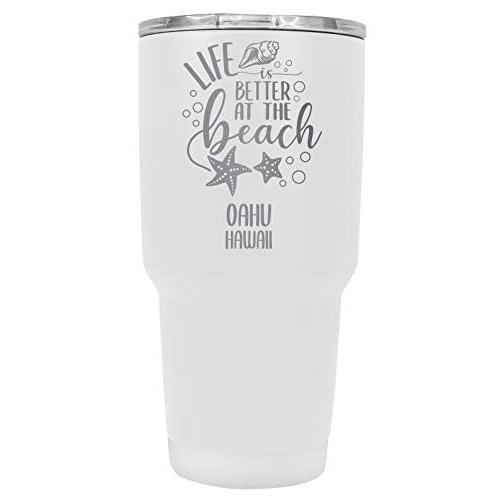 Oahu Hawaii Souvenir Laser Engraved 24 Oz Insulated Stainless Steel Tumbler White White.