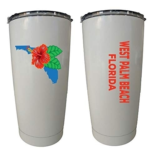 R And R Imports West Palm Beach Florida 20 Oz Insulated Stainless Steel Tumbler Hibiscus Flower Design White.