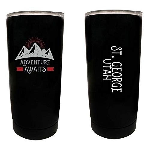 R And R Imports St. George Utah Souvenir 16 Oz Stainless Steel Insulated Tumbler Adventure Awaits Design Black.