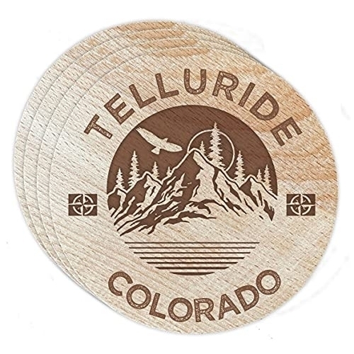 Telluride Colorado 4 Pack Engraved Wooden Coaster Camp Outdoors Design