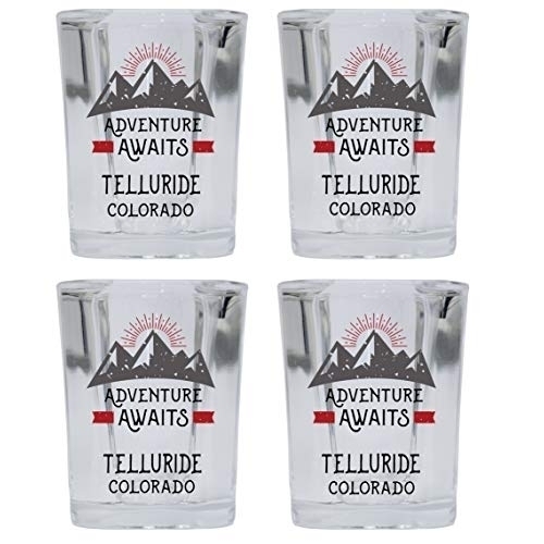 Telluride Colorado Souvenir 2 Ounce Square Base Liquor Shot Glass Adventure Awaits Design 4-Pack