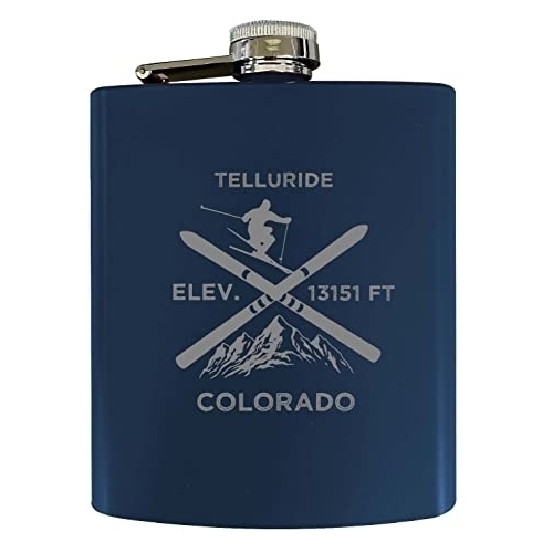 Telluride Colorado Ski Snowboard Winter Adventures Stainless Steel 7 Oz Flask Navy
