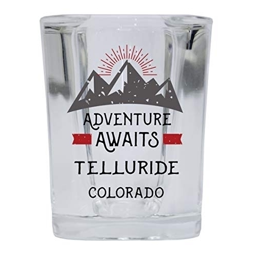 Telluride Colorado Souvenir 2 Ounce Square Base Liquor Shot Glass Adventure Awaits Design