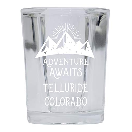 Telluride Colorado Souvenir Laser Engraved 2 Ounce Square Base Liquor Shot Glass Adventure Awaits Design