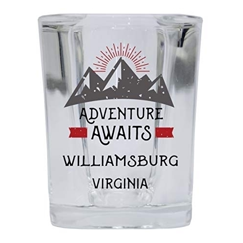 Williamsburg Virginia Souvenir 2 Ounce Square Base Liquor Shot Glass Adventure Awaits Design