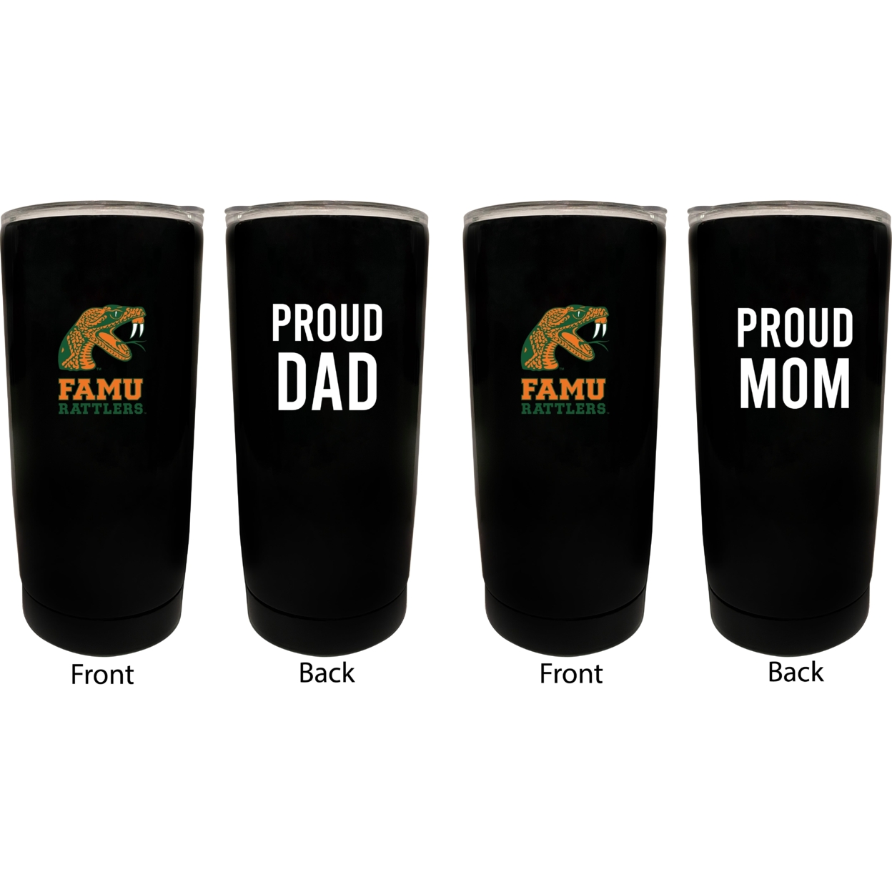 Florida A&M Rattlers Proud Mom And Dad 16 Oz Insulated Stainless Steel Tumblers 2 Pack Black.