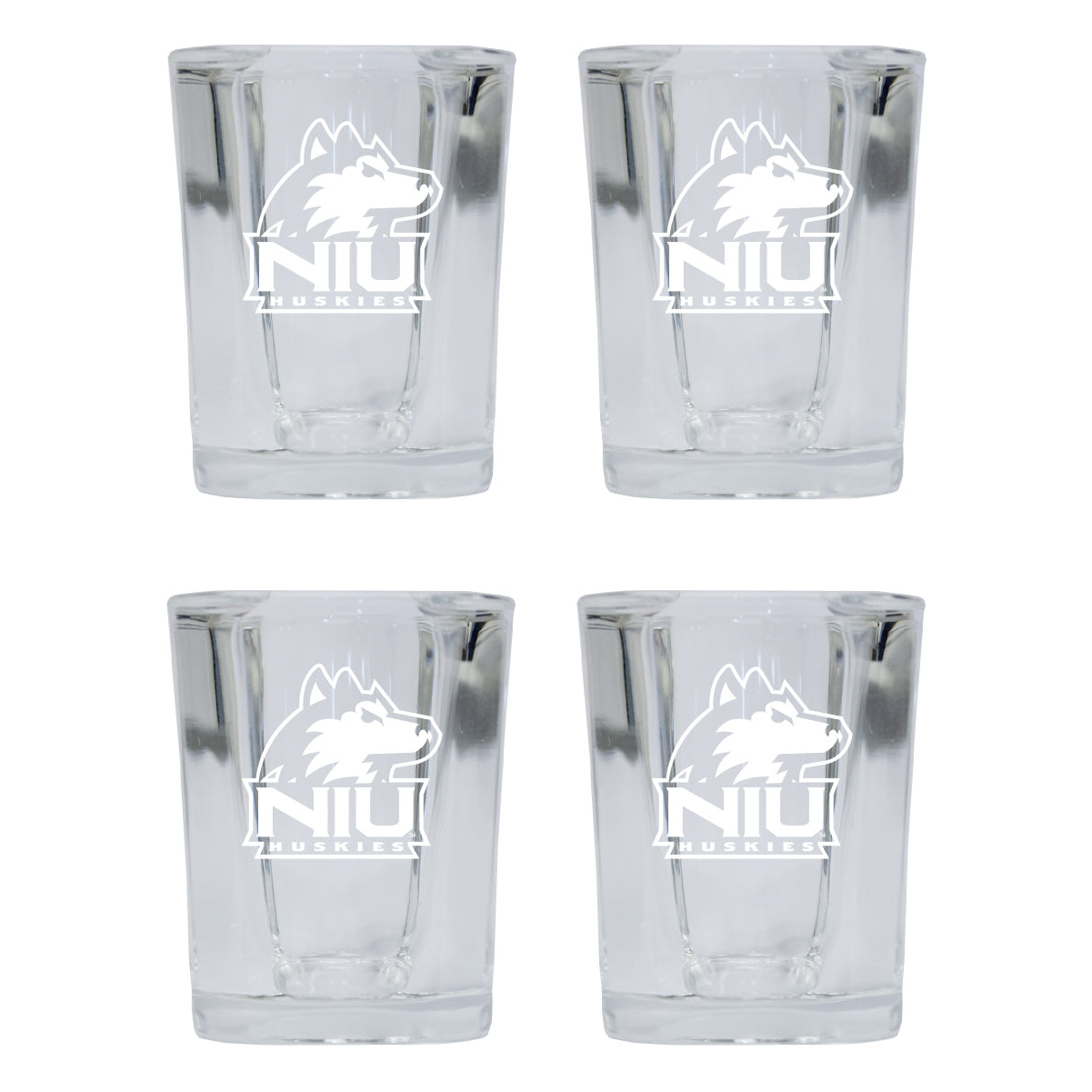 Northern Illinois Huskies 2 Ounce Square Shot Glass Laser Etched Logo Design 4-Pack