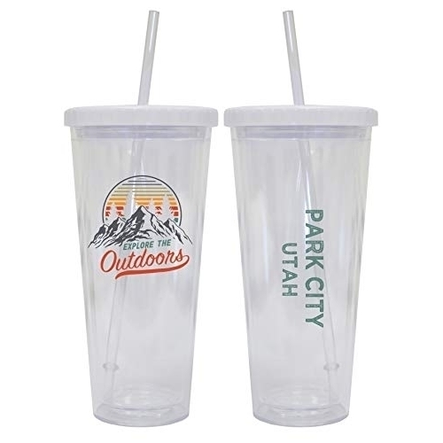 Park City Utah Camping 24 Oz Reusable Plastic Straw Tumbler W/Lid & Straw 2-Pack