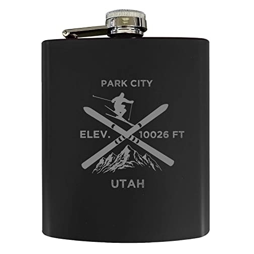 Park City Utah Ski Snowboard Winter Adventures Stainless Steel 7 Oz Flask Black