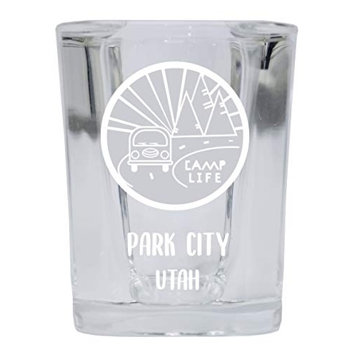 Park City Utah Souvenir Laser Engraved 2 Ounce Square Base Liquor Shot Glass Camp Life Design