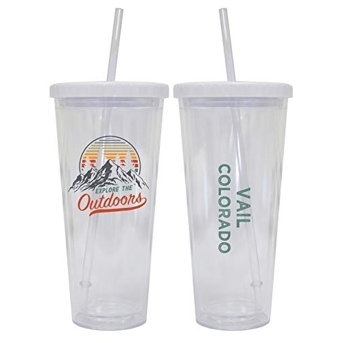 Vail Colorado Camping 24 Oz Reusable Plastic Straw Tumbler W/Lid & Straw 2-Pack