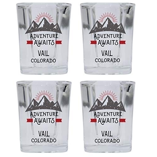 Vail Colorado Souvenir 2 Ounce Square Base Liquor Shot Glass Adventure Awaits Design 4-Pack