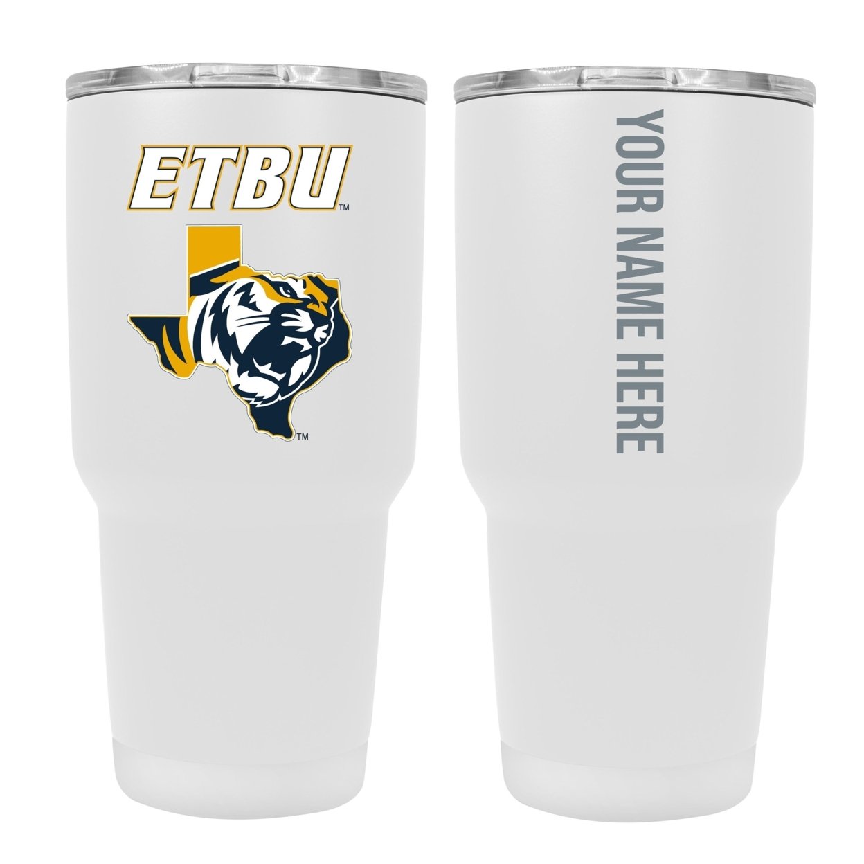 Collegiate Custom Personalized East Texas Baptist University, 24 Oz Insulated Stainless Steel Tumbler With Engraved Name - White