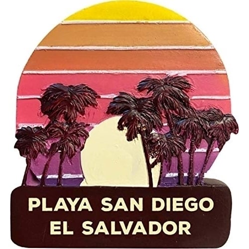 Playa San Diego El Salvador Trendy Souvenir Hand Painted Resin Refrigerator Magnet Sunset And Palm Trees Design 3-Inch Approximately