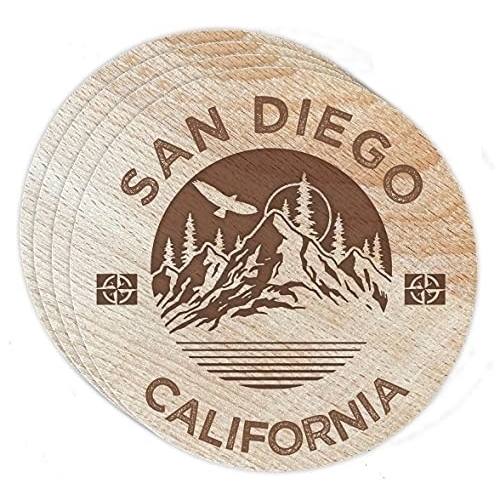 San Diego California 4 Pack Engraved Wooden Coaster Camp Outdoors Design