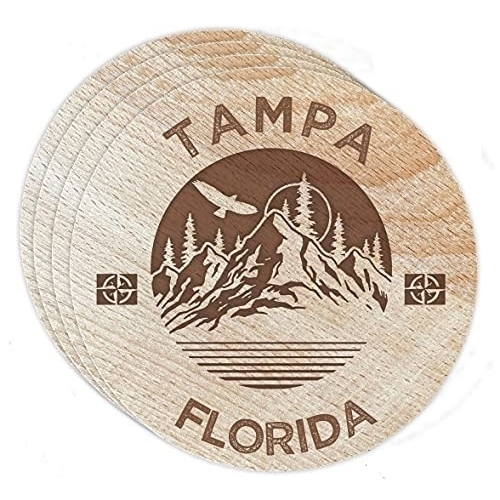 Tampa Florida 4 Pack Engraved Wooden Coaster Camp Outdoors Design