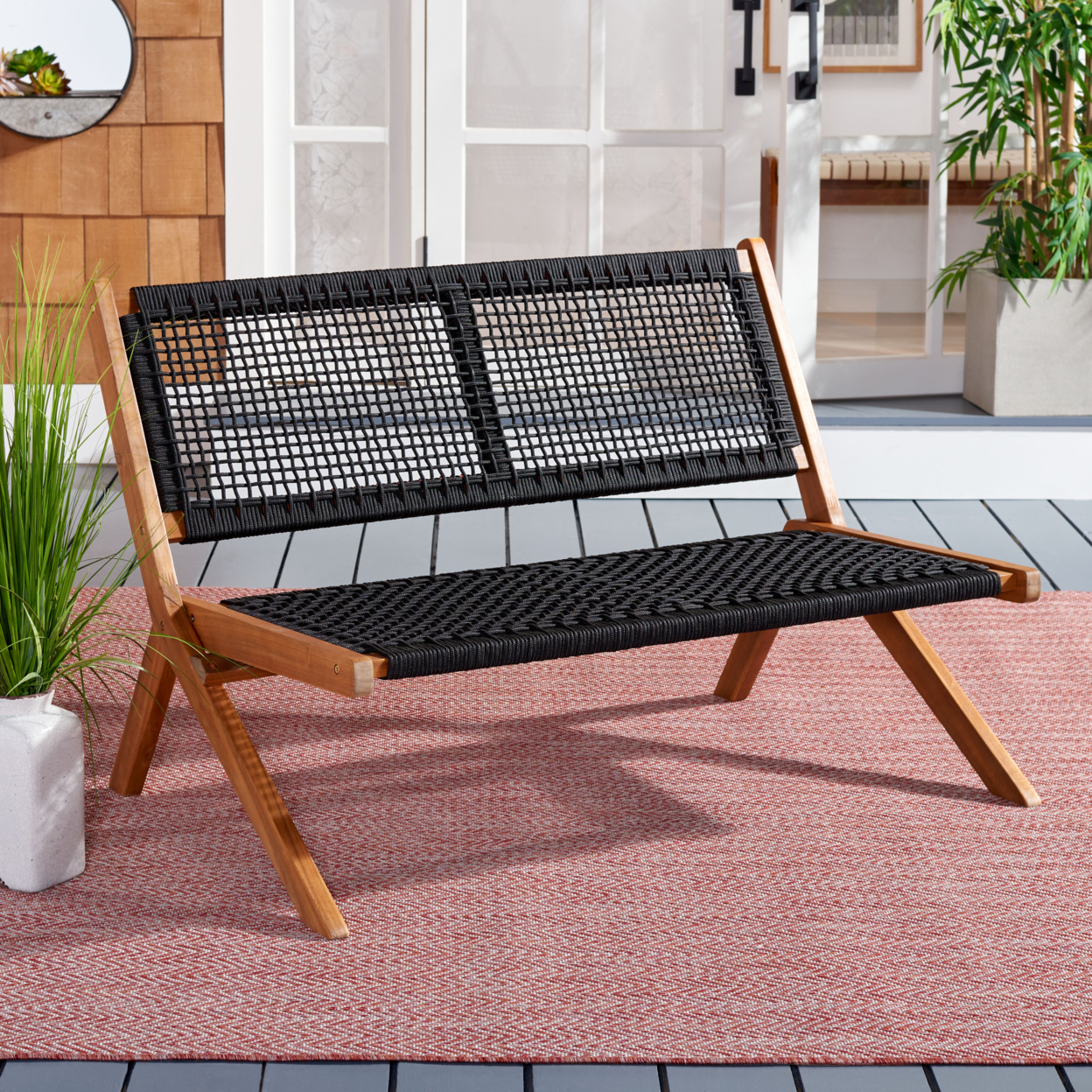 SAFAVIEH Outdoor Collection Kobina Outdoor Bench Natural/Black Rope