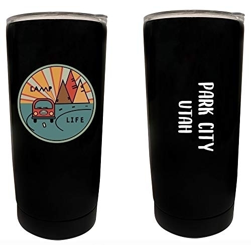 R And R Imports Park City Utah Souvenir 16 Oz Stainless Steel Insulated Tumbler Camp Life Design Black.