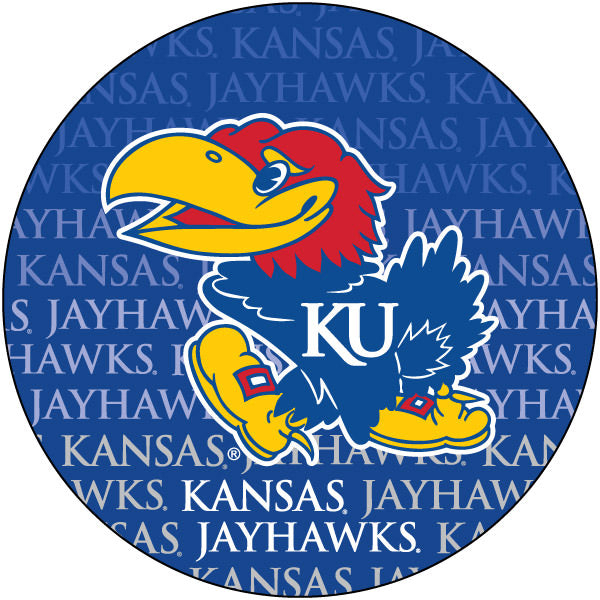 Kansas Jayhawks NCAA Collegiate Trendy Verbiage Repeating Wordmark Text Fashion Pattern 4 Inch Round Decal Sticker