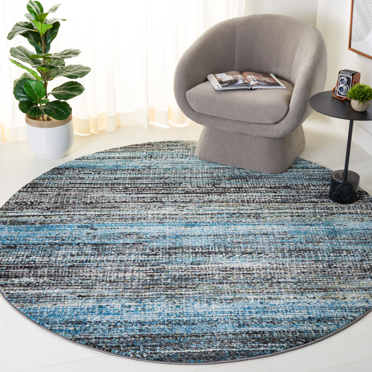 SAFAVIEH Porcello Collection PRL6943G Charcoal / Blue Rug - 6' 7 Round
