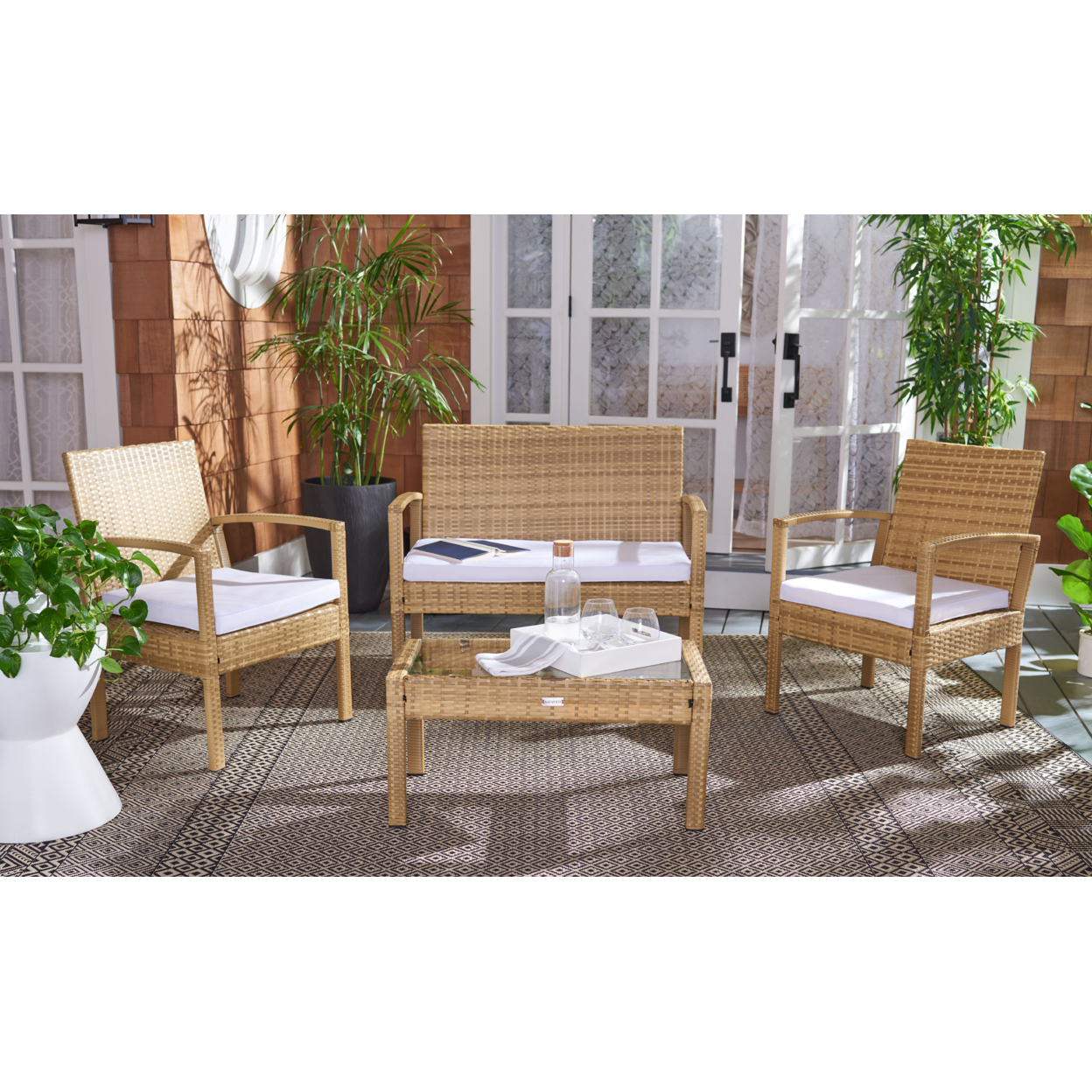 SAFAVIEH Outdoor Collection Bassey 4-Piece Patio Set Natural/White