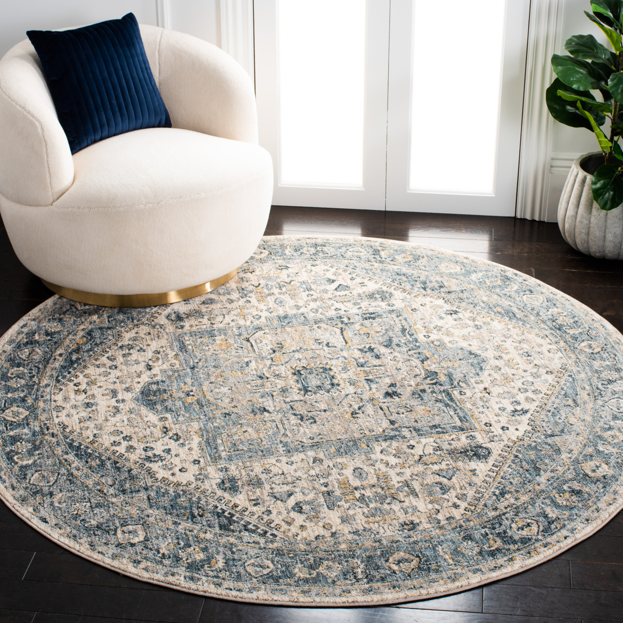 SAFAVIEH Valencia Collection VAL568A Ivory / Blue Rug - 6' 4 Square