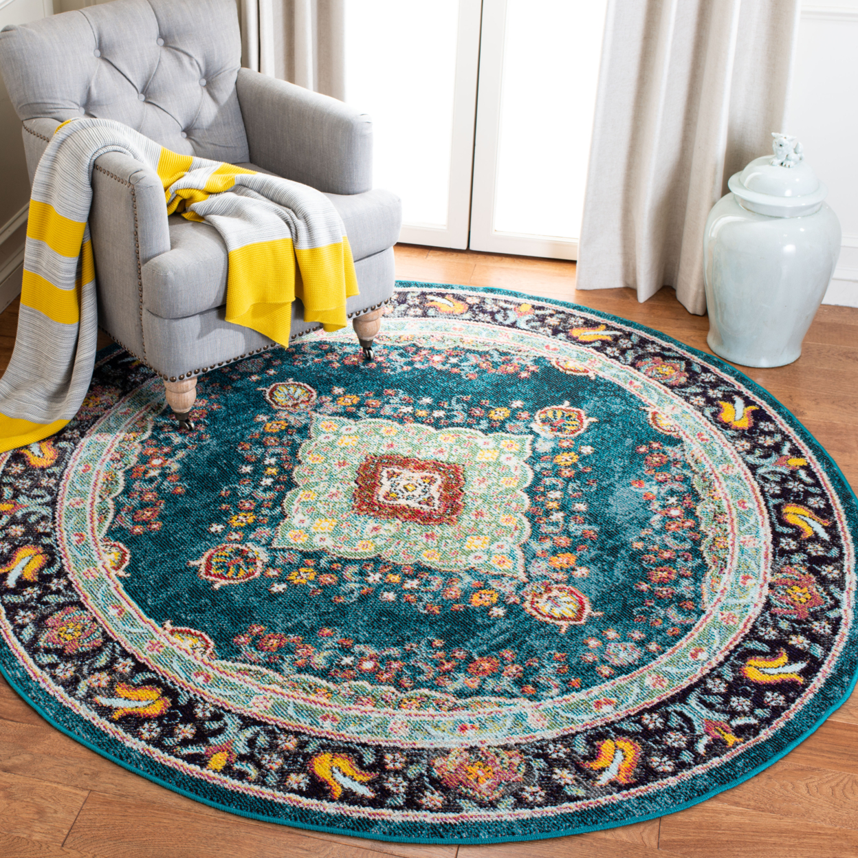 SAFAVIEH Madison Collection MAD252N Navy / Turquoise Rug - 6'-7 X 6'-7 Square