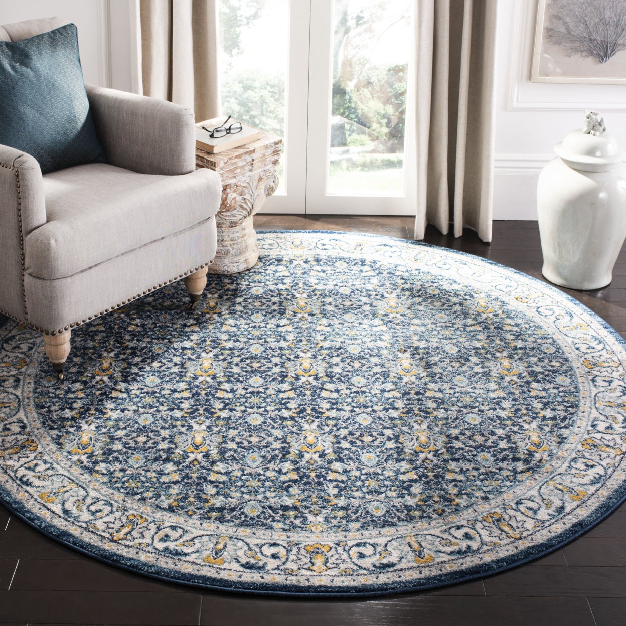 SAFAVIEH Madison Collection MAD151D Navy / Creme Rug - 6'-7 X 6'-7 Square