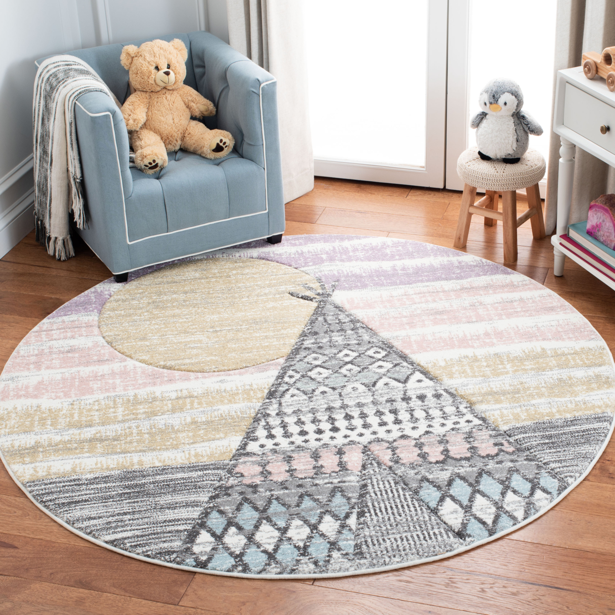 SAFAVIEH Carousel Kids Collection CRK117F Grey / Pink Rug - 3' Square