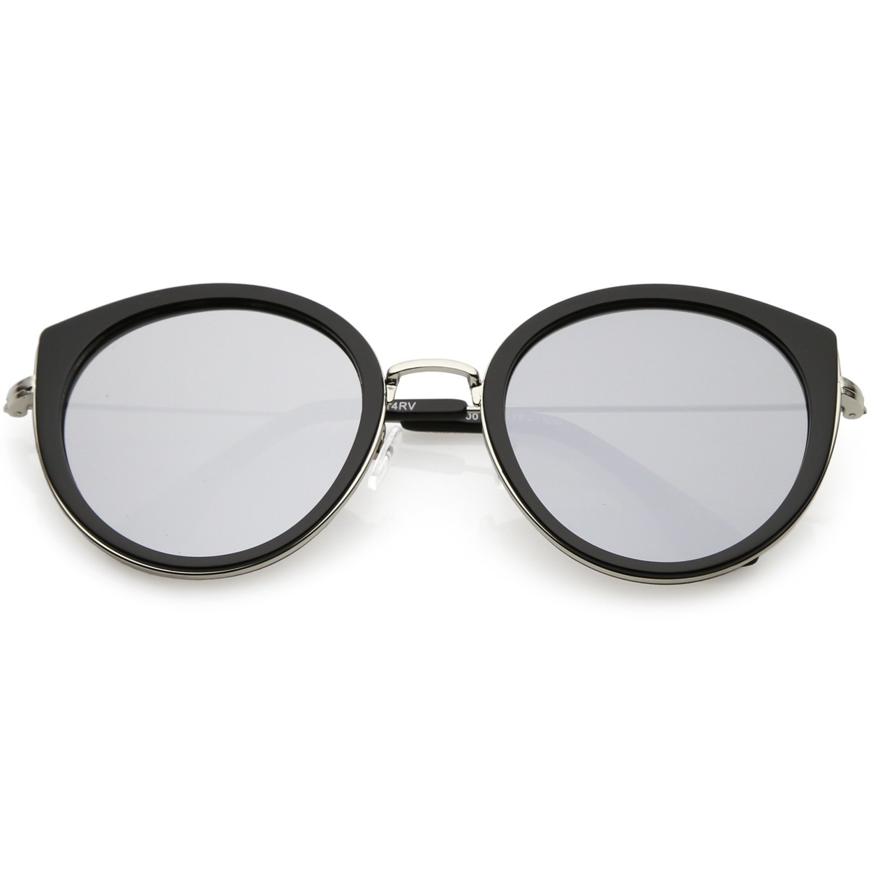 Modern Cat Eye Sunglasses Metal Trim Round Colored Mirror Flat Lens 53mm - Black Gold / Blue Mirror