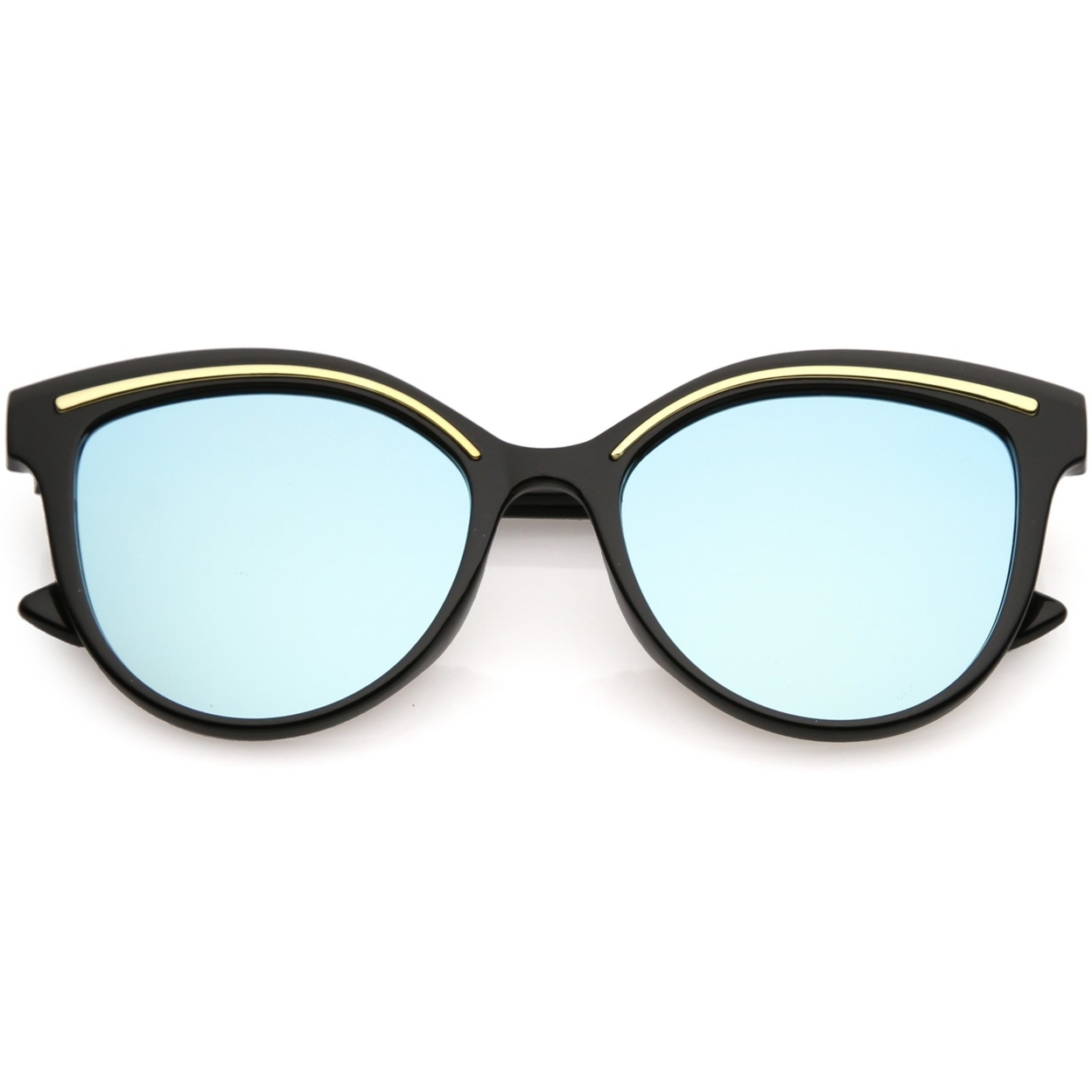 Modern Cat Eye Sunglasses Metal Brow Detail Round Colored Mirror Flat Lens 53mm - Matte Black Gold / Red Mirror