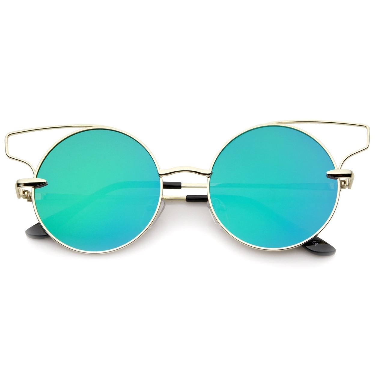 Women's Wire Open Metal Frame Color Mirror Flat Lens Round Cat Eye Sunglasses 52mm - Gold / Blue Mirror