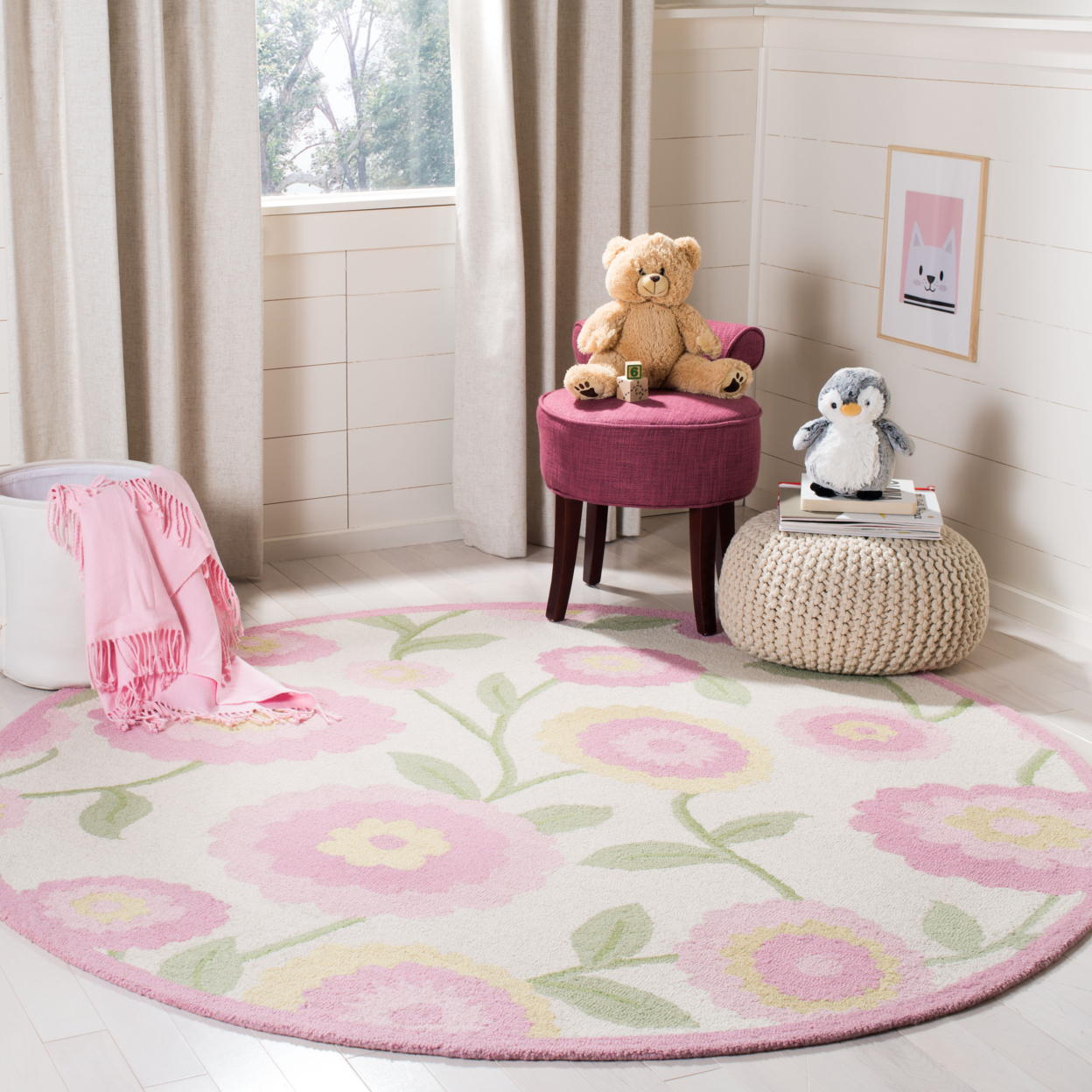 SAFAVIEH Kids Collection SFK355A Handmade Ivory/Pink Rug - 5' Square
