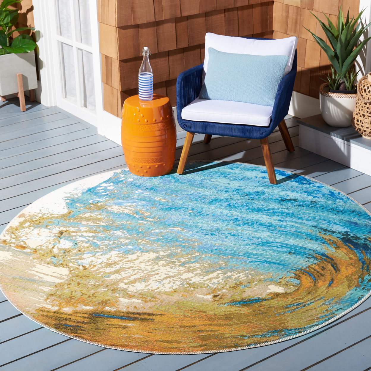 SAFAVIEH Outdoor BAR510M Barbados Collection Blue / Gold Rug - 6-6 X 6-6 Square
