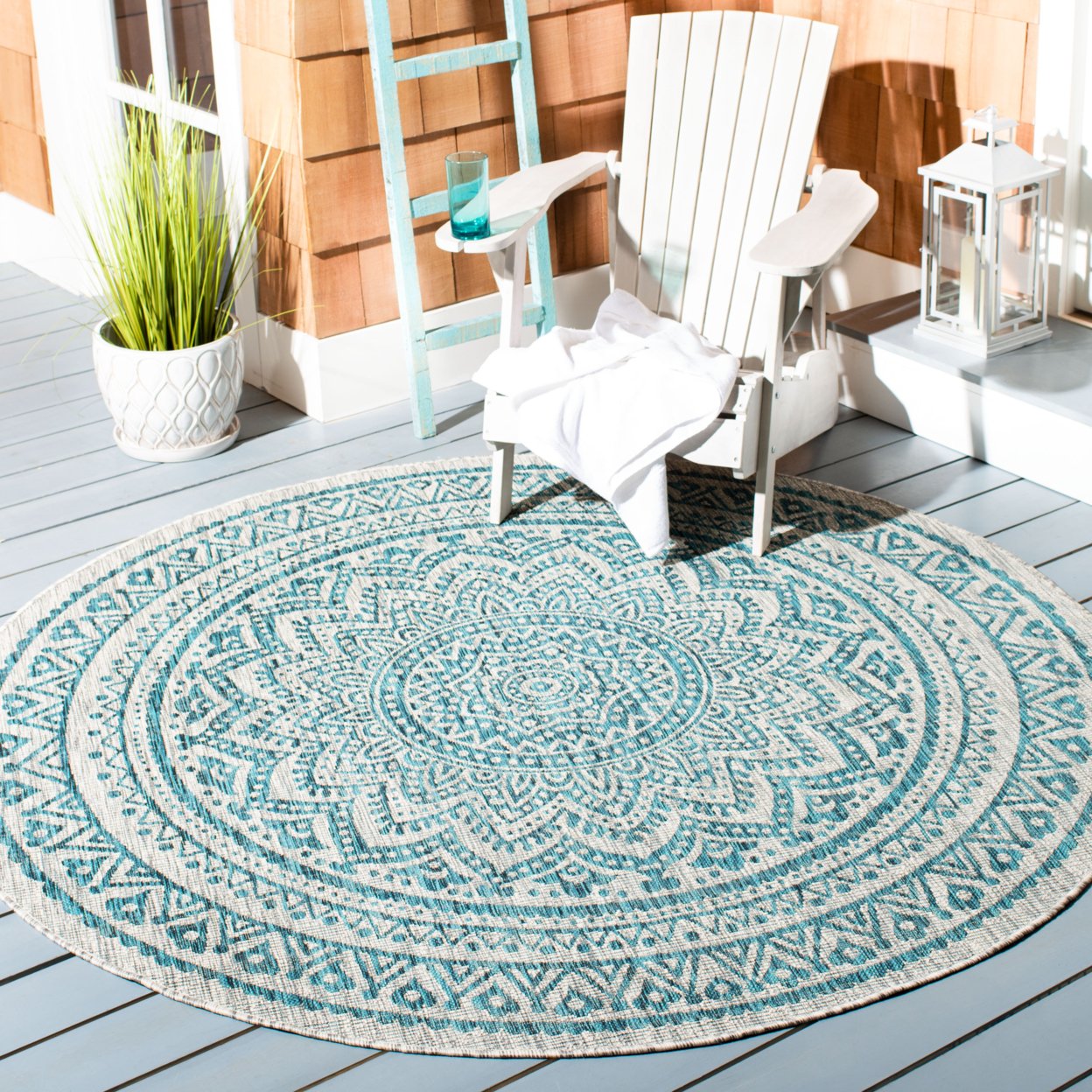 SAFAVIEH Outdoor CY8734-37212 Courtyard Light Grey / Teal Rug - 9' X 9' Square