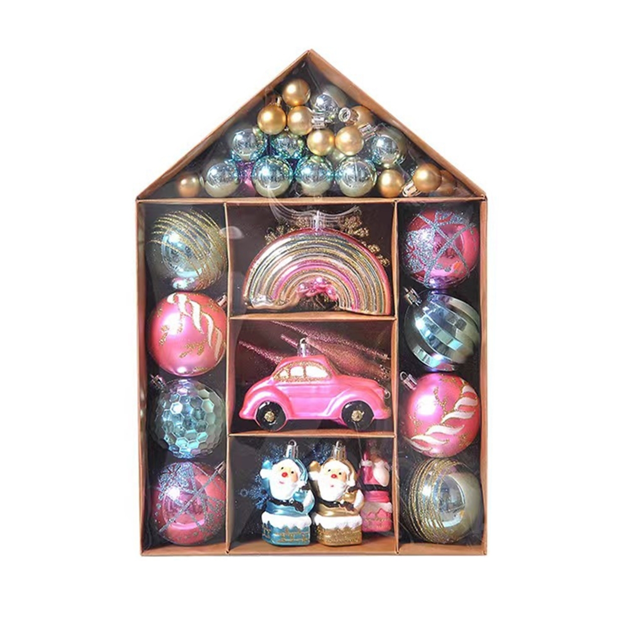 1 Set Christmas Pendant Glitter House Shape Diverse Styles Photography Props Golden Silver Color Christmas Ball for Christmas - pink