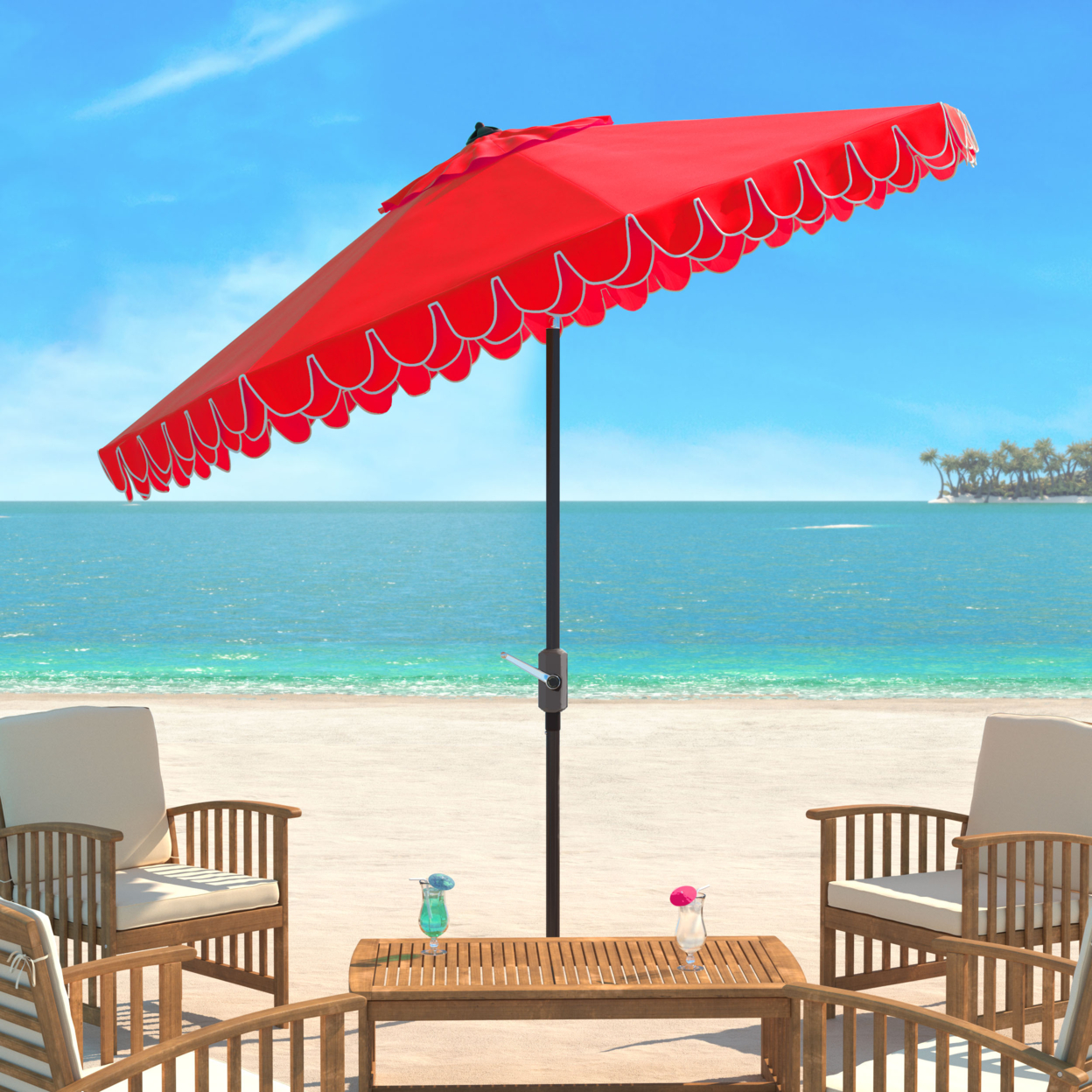 SAFAVIEH Outdoor Collection Elegant Valance 9-Foot Tilt Umbrella Red / White