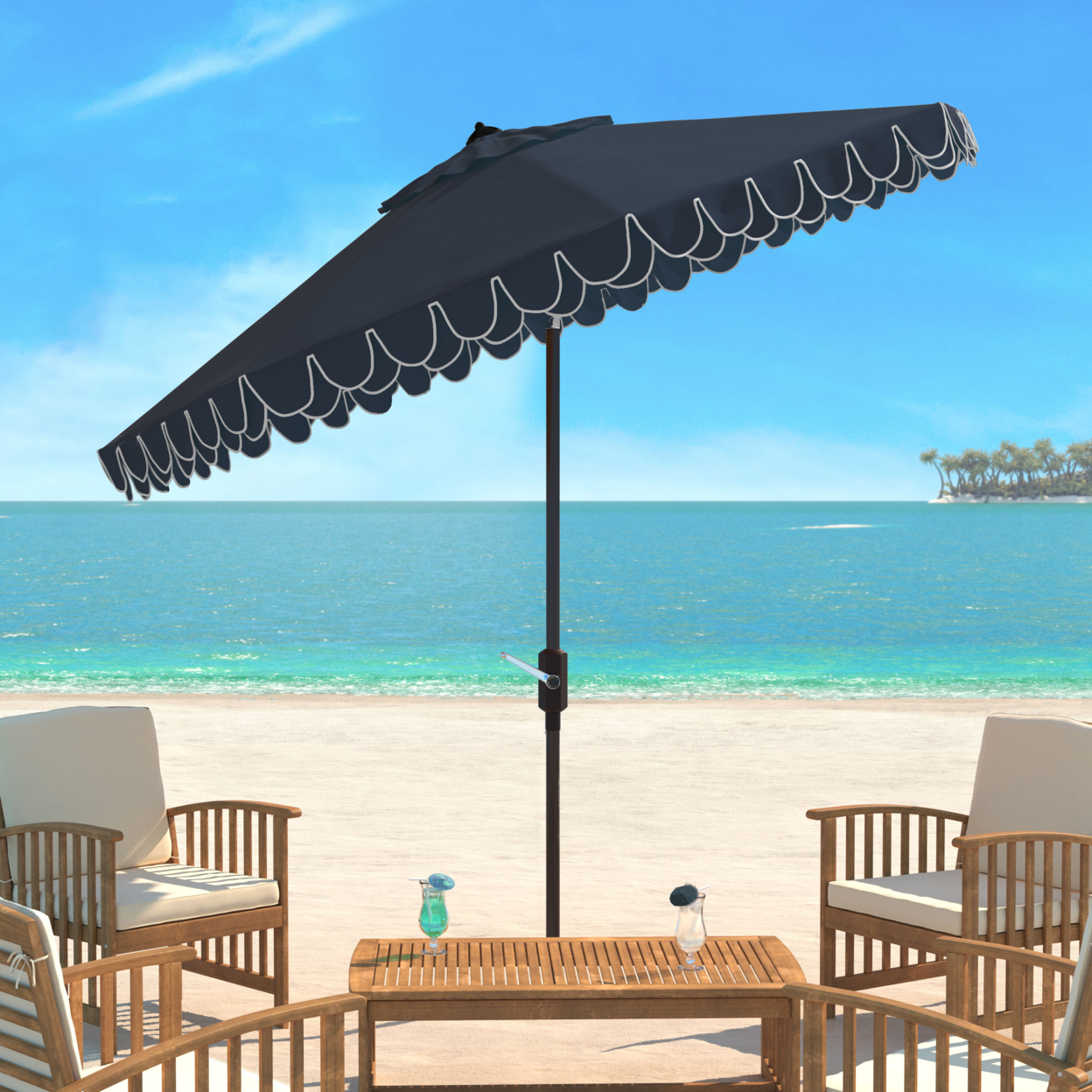 SAFAVIEH Outdoor Collection Elegant Valance 9-Foot Tilt Umbrella Navy / White