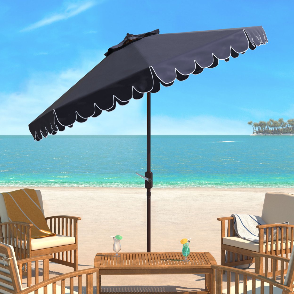 SAFAVIEH Outdoor Collection Venice Single Scallop 9-Foot Tilt Umbrella Navy/White