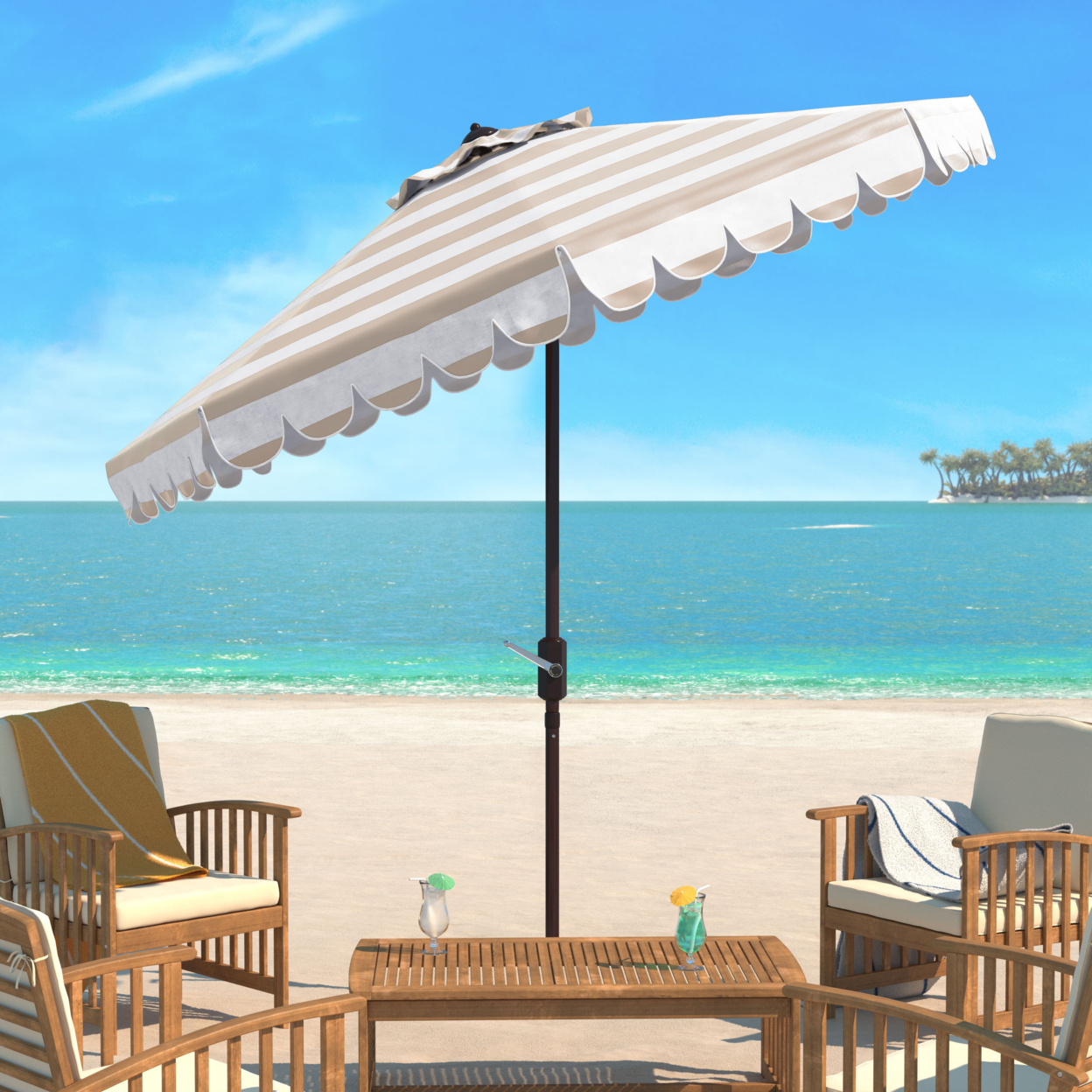 SAFAVIEH Outdoor Collection Maui Single Scallop 9-Foot Umbrella Beige/White