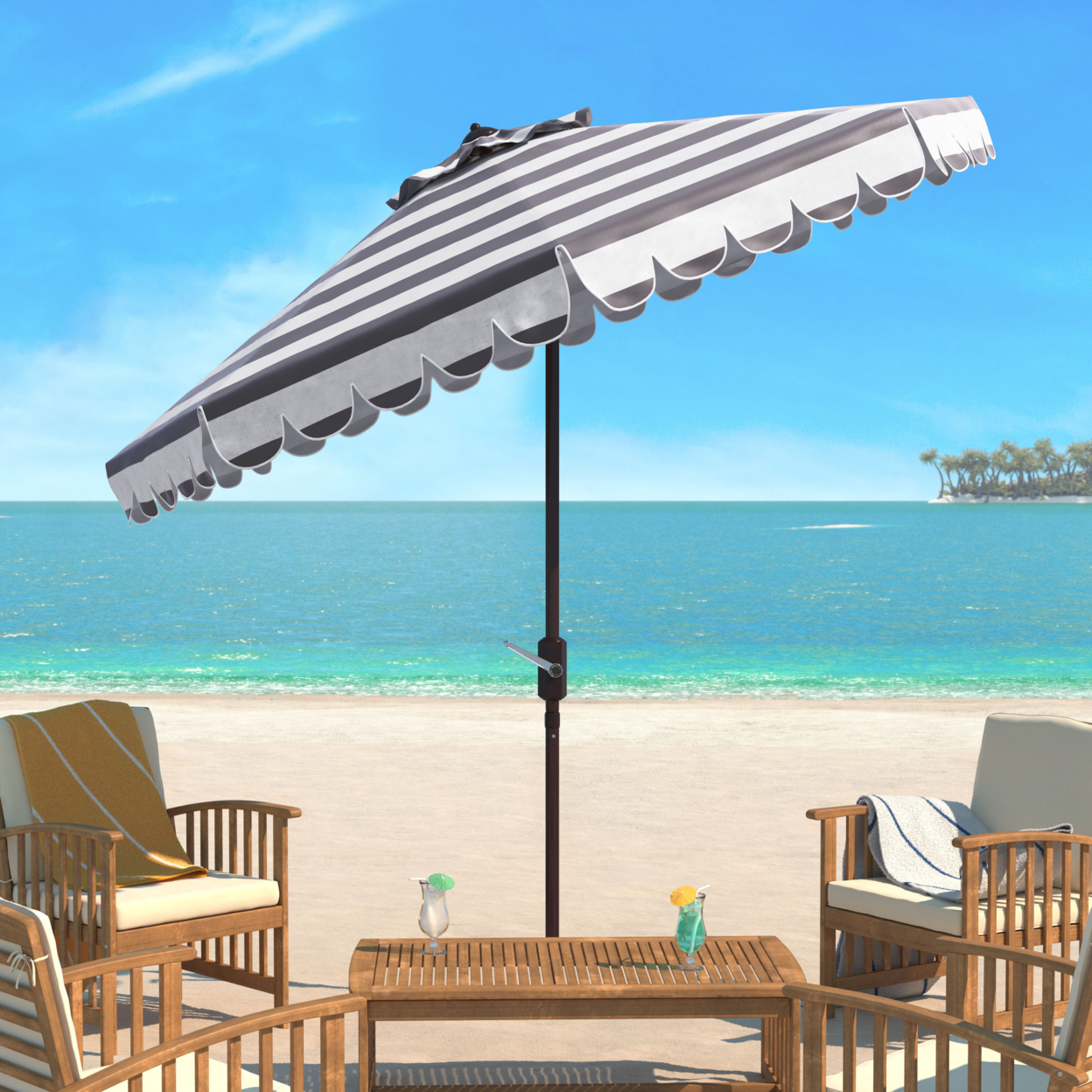 SAFAVIEH Outdoor Collection Maui Single Scallop 9-Foot Umbrella Grey/White